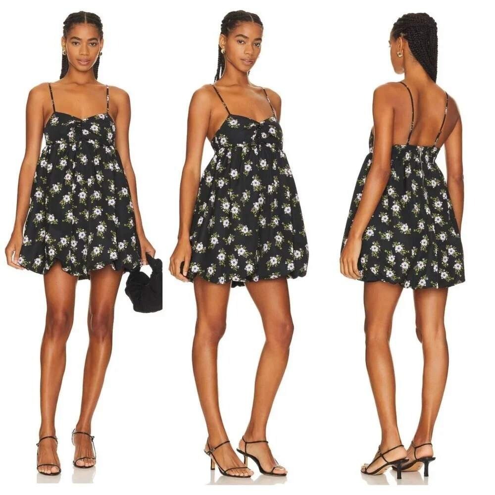 Free People Black Floral Bubble Hem Mini Dress Ruched Bust Womens L NEW